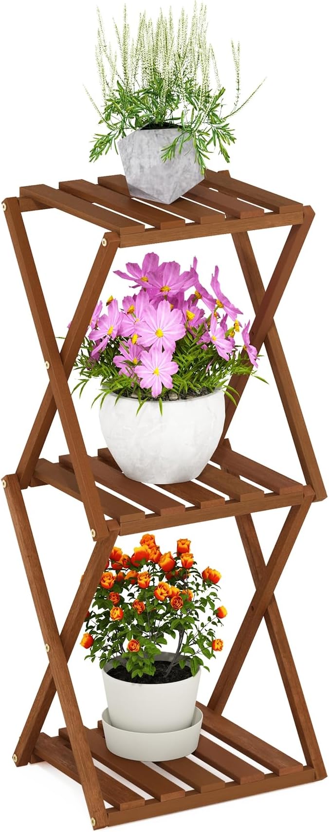 Furinno TIOMAN Patio Table, 3-Tier Outdoor Side Table, Toolless Multipurpose Folding Display Shelf, Plant Stand, for Patio, Garden, Porch, Light Wood