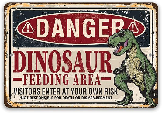 Danger, Dinosaur Feeding Area - Great Boy's Room Decor, Vintage Warning Signs for Kids Bedroom and Playroom, Great Baby Shower and Birthday Gifts, 8x12 Indoor/Outdoor Durable Metal Sign