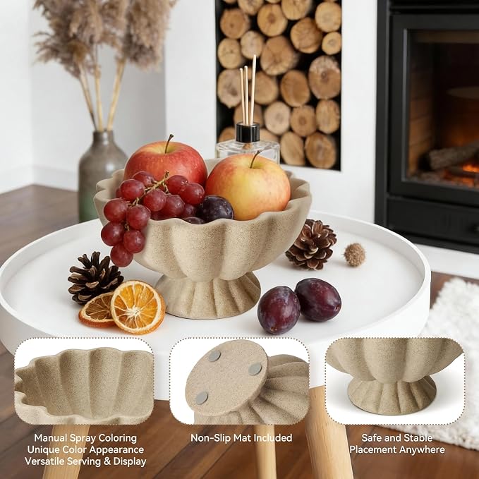 Pedestal Decorative Bowl Home Decor - 7.9" Morden Resin Handmade Decorative Fruit Bowl for Kitchen Counter, Chic Ruffle Bowl Centerpiece Decor for Dining Table Coffee Table (Artificial Stone Beige)