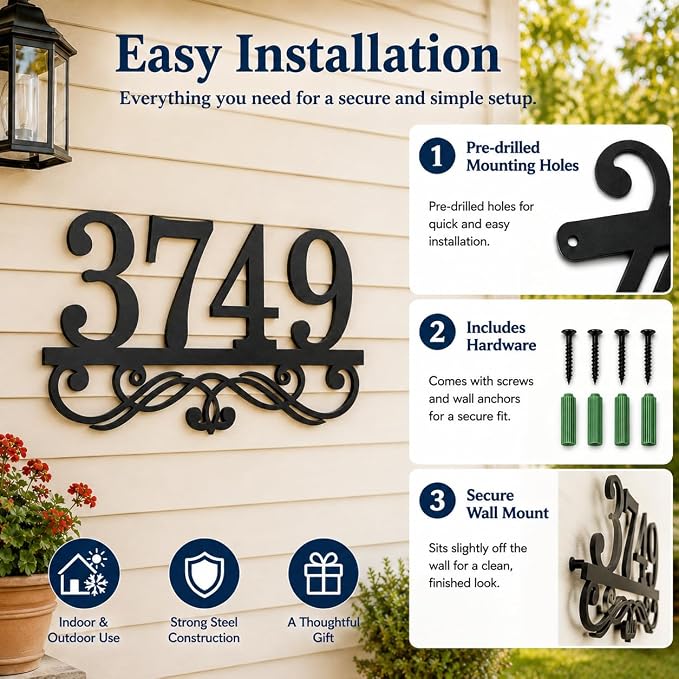 Personalized Metal Address Plaque, Custom House Numbers for Outside, Elegant Nameplate for Yard and Front Door Decor, Weatherproof Wall Sign, Housewarming Gift