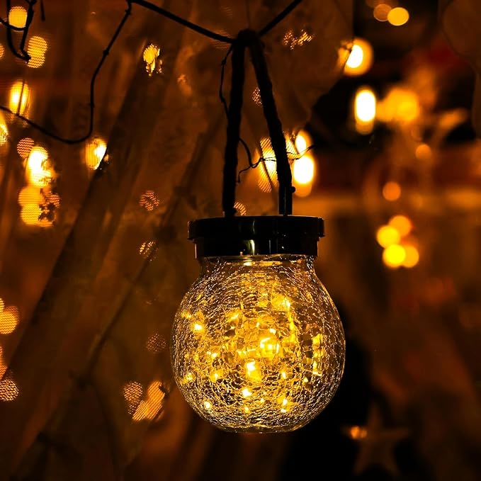 Cooo Christmas Gifts 4 Pack Solar Lanterns Outdoor Waterproof Heavy Crackle Glass 30 LED Warm Firefly Lights Stainless Steel Lid 215% Solar for Women Mom Grandma Outdoor Table Lamps Garden Yard Decor