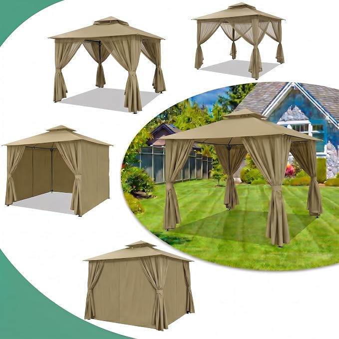 COBIZI 10x10 Gazebo with Double Roof & Mosquito Netting Outdoor Heavy-Duty Party Tent, Patio Tent with Zipper Screens - Backyard Garden Lawn Shelter Includes Wind Ropes Expansion Bolts, Khaki