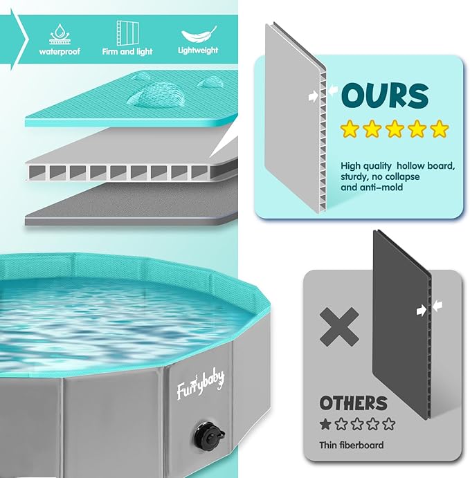 Furrybaby Foldable Dog Pool, Kiddie Pool Hard Plastic, Collapsible Pet Bath Portable Dog Swimming Pool for Pet, Dogs and Cats Grey 32'' | Collapsible rigid dog pool with non-slip PVC, durable hard plastic tub, portable indoor & outdoor use for pets and...