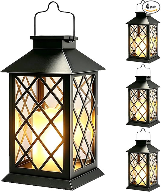 4 Pack 14" Large Tempered Glass Solar Lanterns Outdoor Waterproof, Hanging Solar Lights with Flickering Flameless Candles, Solar Lantern for Wall Porch Patio Table Garden Decoration (Black)