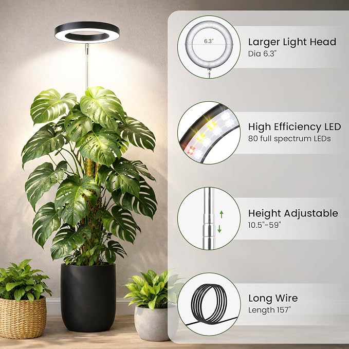 LBW Grow Lights for Indoor Plants, 6.3" Full Spectrum Plant Light with Base, 59" Height Adjustable Grow Lamp, 6/8/12/16H Auto Timer, 3 Colors, 5 Dimmable Levels, for Tall Large Plants, Black, 2 Pack