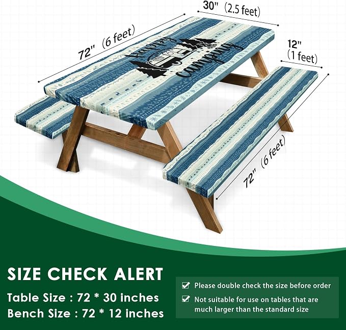 Picnic Table Cover with Bench Covers Elastic Edges, Forest Camper Fitted Table Cover, Outdoor Camping Essentials 72 Inch 3PCS, Waterproof Camping Fitted Tablecloth with Drawstring Bag