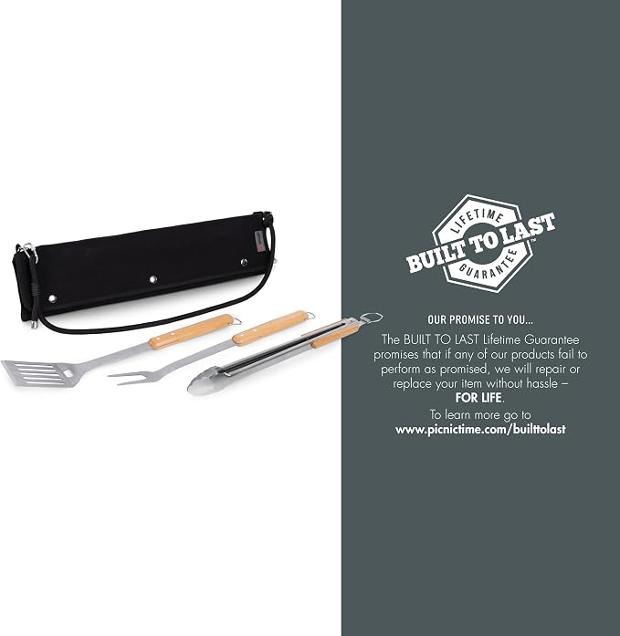 PICNIC TIME BBQ Roll Up 3 Piece Set, Outdoor BBQ Accessories with Black Canvas and Beechwood Tools, Grilling Accessories for Barbecue, BBQ Tools & Grill Set with Durable Canvas Tote and Strap, (Black)