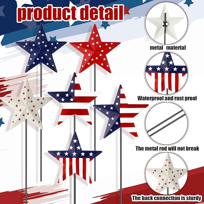 Pickmesh 6 Pcs 12" H 4th of July Outdoor Decor Patriotic Metal Yard Sign Star Red White Blue Garden Stake USA Flag American Yard Sign for Memorial Day Independence Veterans Labor Day Decoration