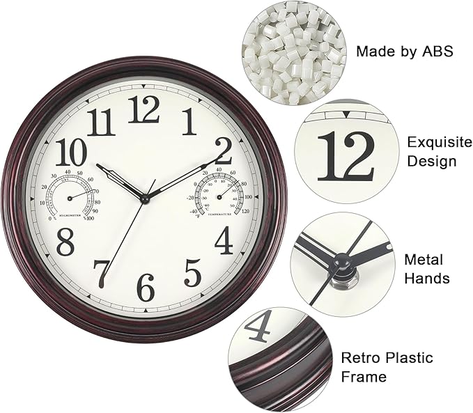 14 inch Outdoor Wall Clock, Plastic Waterproof Wall Clock with Temperature, Water Resistant Outdoor Clocks for Patio Garden