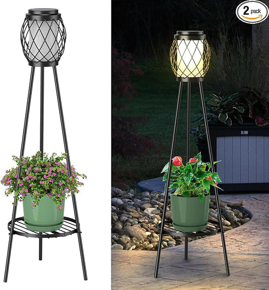 MXwcy 2-in-1 Solar Lights Outdoor with Plant Stand, Waterproof Vintage Solar Floor Lamp & Metal Planter Holder, Tall Geometric Lantern Tripod for Patio, Garden, Yard, Porch Decor (2 Pack)