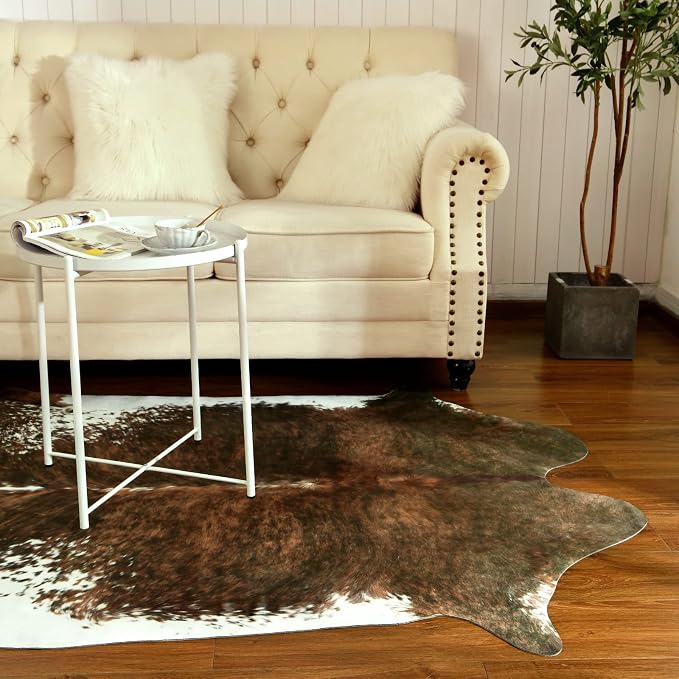 BENRON Faux Cowhide Rug, Cow Print Rug for Living Room Bedroom 5.2x6.2ft | Western cow hide rug for Cowboy Cowgirl Home Decor, Washable Rugs with Irregular Animal Skins and Hides Non Slip, Olive Green