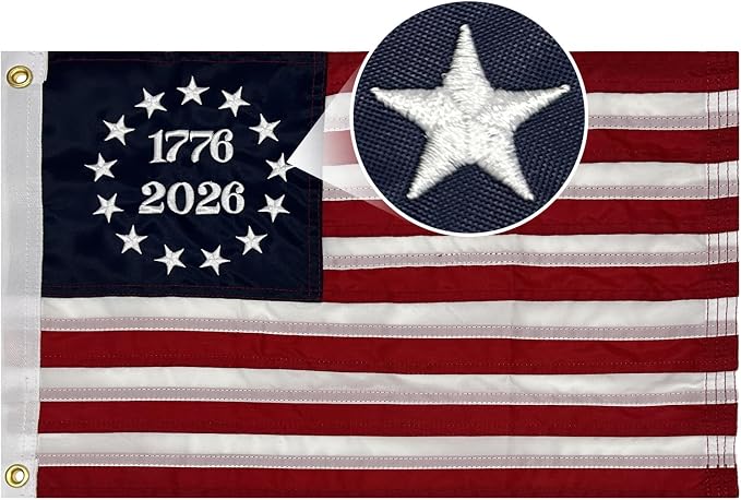 AMZFLAG 2026 250th Anniversary USA Flag 12x18 Inch, Embroidered Small 1776 2026 American Betsy Ross Flags for 250th Anniversary Outside, Bennington 13 Colonies US 250 American Flag with 2 Brass Grommets