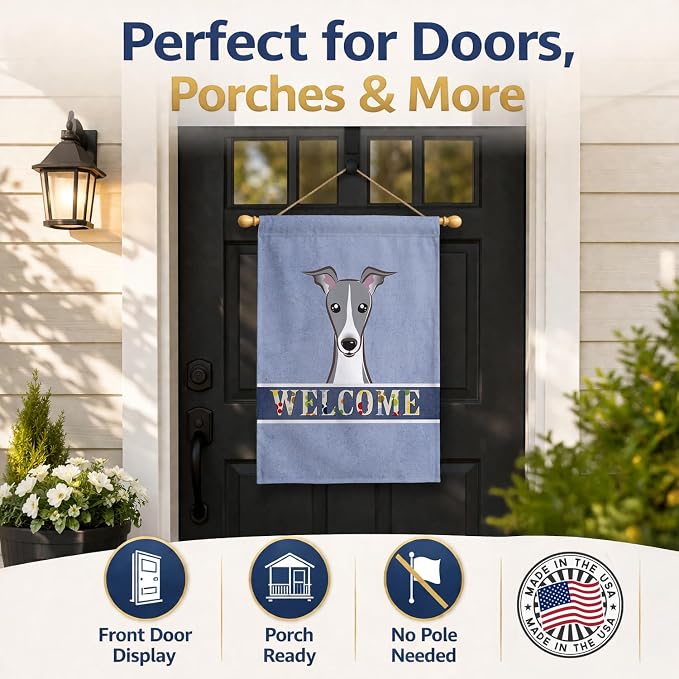 Caroline's Treasures BB1422CHF Italian Greyhound Welcome House Flag, Blue Large Porch Sleeve Pole Decorative Outside Yard Banner Artwork Wall Hanging, Polyester, House Size, Multicolor