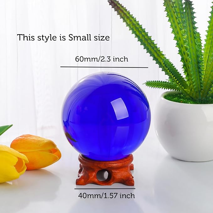 Small Dark Blue Crystal Ball 60mm/2.3 inch with Rose Wooden Stand and Gift Box for lensball Photography,Fortune Teller,Feng Shui, Witchcraft Decor,Scrying,Magic,Glass Orb Prop Decorative Sphere