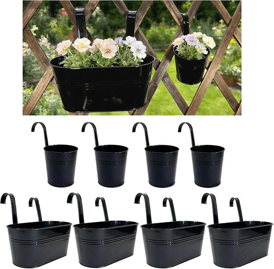 Pack of 8 Metal Hanging Planters for Outdoor Plants, 4 Pcs 4" Round Railing Planter & 4 Pcs 10" Oval Fence Flower Pots for Balcony Garden Decor, Black