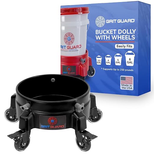 GRIT GUARD Bucket Dolly with Wheels - Rolling Detailing Wash Bucket with 5 Wheels and 2 Locking Casters Compatible with 2.5, 4, 5 and 6 Gallon Buckets (Black, 3" Roller Bearing) - Made in the USA