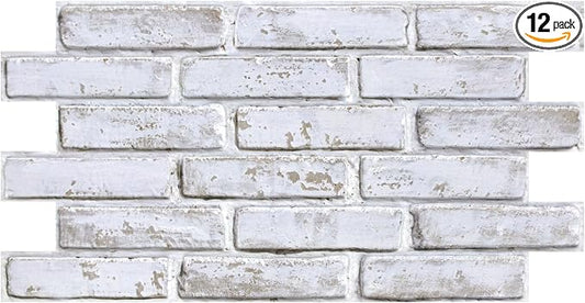 COMSTICKC 3D Whitewash Brick Wall Panel Peel and Stick, 12 pcs of 22.8" x 11.8", DIY UrltraLight PVC Self Adhesive Fake Brick Backsplash Interior Decor,Paintable,Covers 22.48 sq.ft