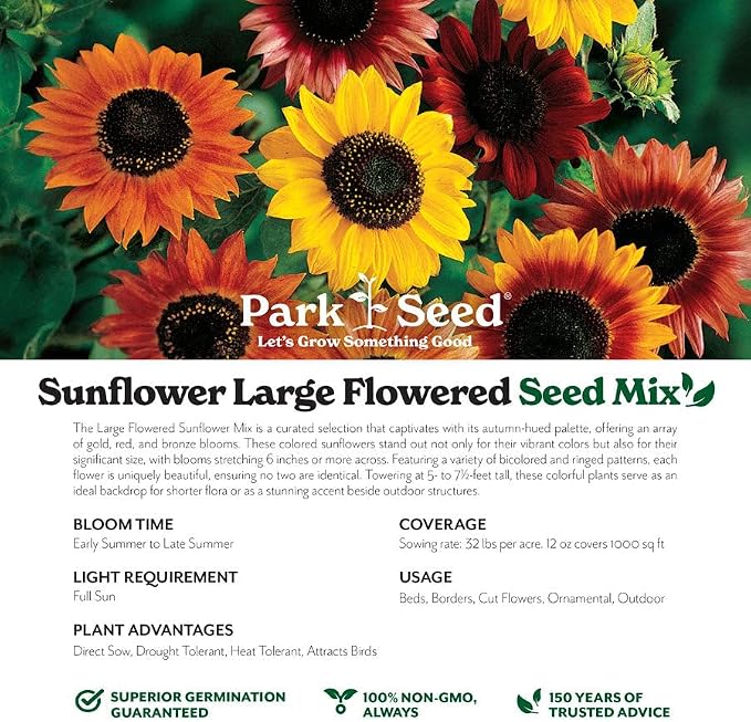 Park Seed Grow Your Own Vibrant Annual and Perennial Wildflower Garden Seeds Mixture, Easy to Grow Varieties for Pollinators and Spring Gardens - Large Colored Sunflower Mix, 5 lbs