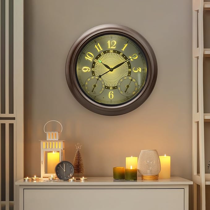 Pytha Sight Illuminated Large Metal Outdoor Clocks Waterproof 15 Inches with AI Auto Light Smart Sensor,Large Indoor Outdoor Wall Clocks with Thermometer & Hygrometer for Patio, Pool, Garden,Porch