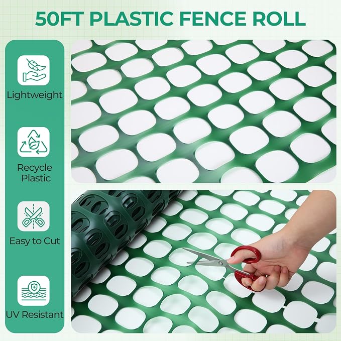 Ohuhu Plastic Garden Fence Safety Fence, 4'x50'/5.3 LB Reusable Netting Plastic Mesh Fence Roll, Temporary Fencing for Animal Barrier Construction Snow Fence Poultry Rabbits Chicken Dogs Deer