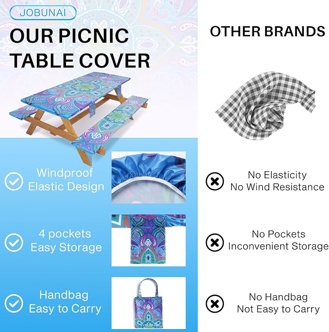 Jobunai Picnic Table Cover with Bench Covers Non Slip Waterproof Vinyl Tablecloth for 8 Foot Rectangle Tables Gardening Needs Camping Rv Roadtrip Items for Tent Camper Gift for Teen Woman Man