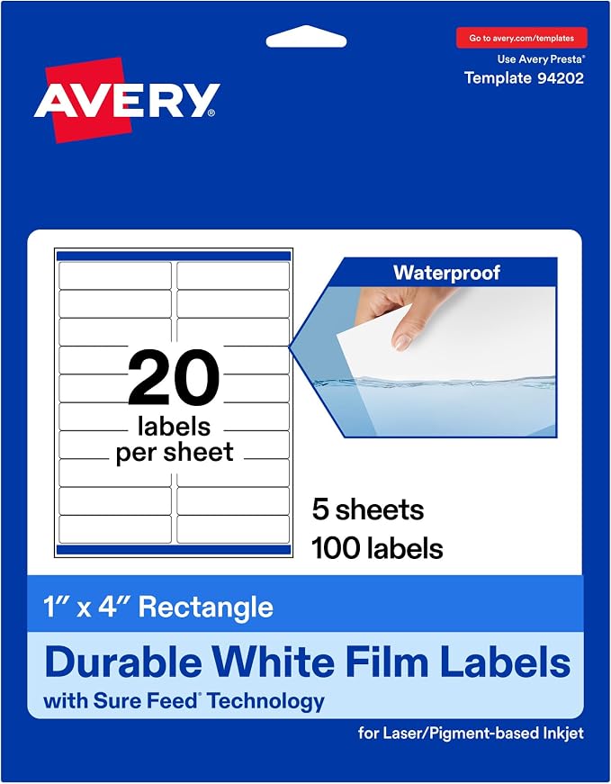 Avery Printable Durable White Rectangle Labels, Sure Feed Technology, 1" x 4", Waterproof Labels, Laser & Pigment-Based Inkjet Compatible, 100 Total, Great for Product Branding, Marketing, and More