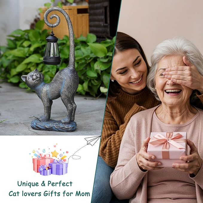 Halloween Decorations Gifts Outdoor Cat Garden Statues with Solar Lights, Home Decor Cat Figurines for Lawn,Patio,Balcony,Porch,Yard Art Ornament- Birthday Gifts for Women Grandma Sister