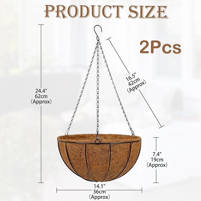 14 Inch Metal Hanging Basket with Coco Coir Liner for Flowers Planting, 2 Pack Hanging Baskets for Plants Outdoor, Round Wire Planters with Chain for Home Patio Porch Balcony Garden Decor