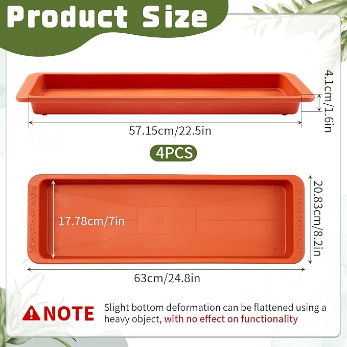 Cinnvoice 4 Pack Terracotta 24 x 8 x 1.6 Inch Rectangle Plant Saucer Large Plastic Plant Tray Water Drip Trays for Windowsill Flower Pot Planter Drainage Germination Garden Indoor Outdoor Use