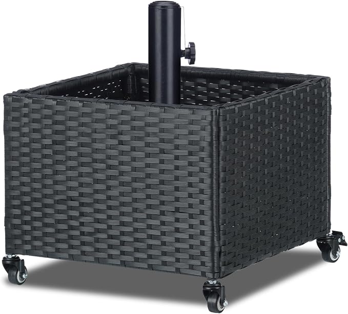 SUNNYPARK Umbrella Base with Wheels and Fillable Planter 2 in 1 | 120lbs Capacity, Heavy Duty, Hand Woven Rattan Style, Portable Decorative Umbrella Stand for Garden Backyard Deck Poolside
