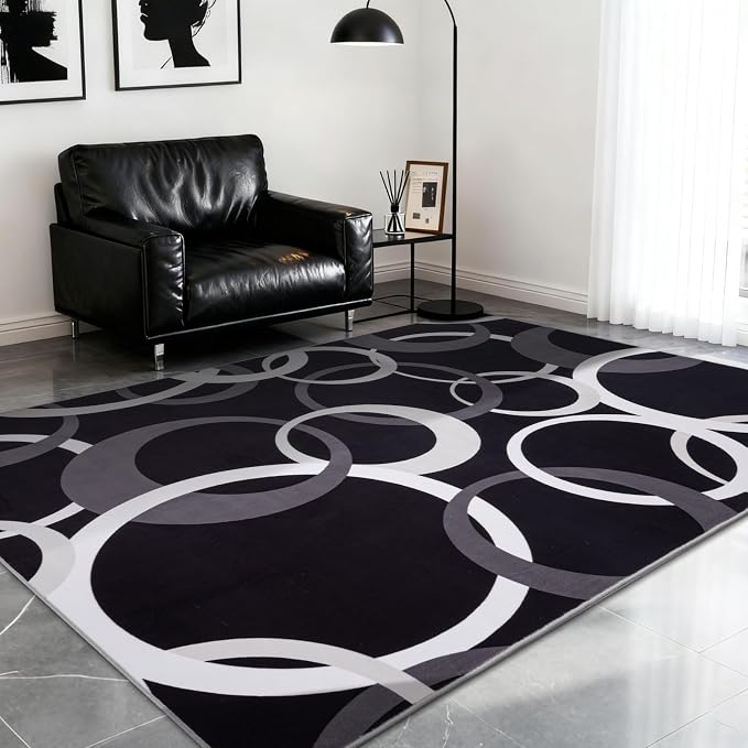 Black and White 8x10 Area Rugs for Living Room, Circle Pattern Washable Rug for Bedroom Non Slip Low Pile, Soft Modern Carpet for Dining Room Playroom Home Office Decor