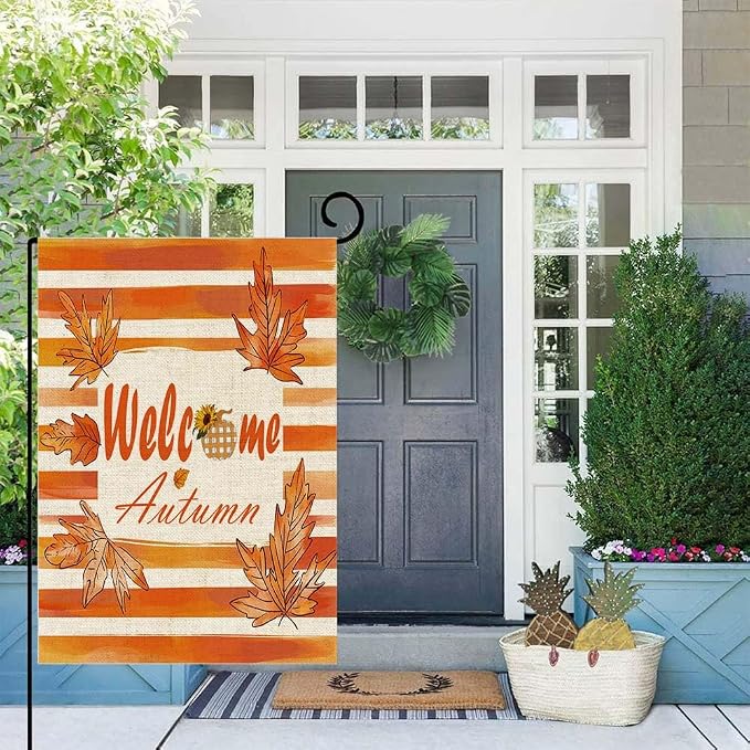 EMMTEEY Welcome Garden Flag Fall Leaf 12.5X18 Double-Sided, Seasonal Yard Flags Welcome Autumn Small Burlap Garden Flags for Outside Front/Back Door