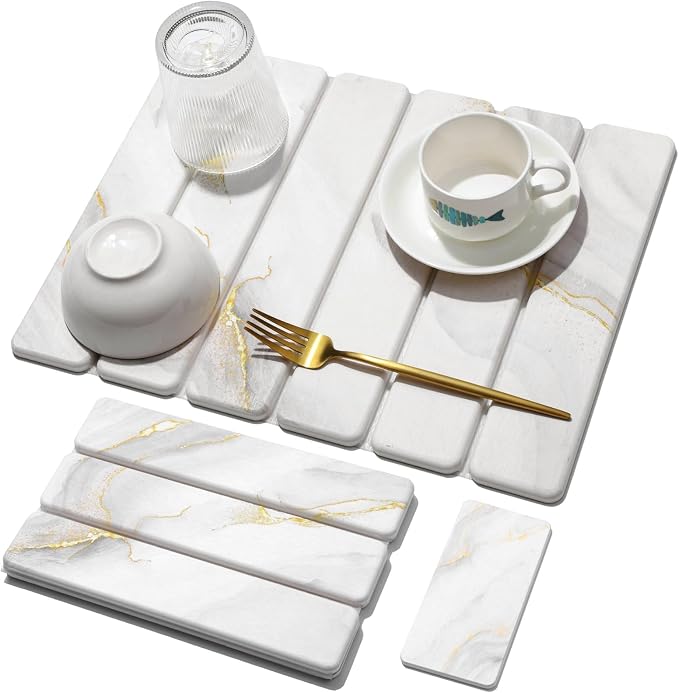 Small Stone Dish Drying Mat for Kitchen Counter, 15.7"×12" & 8"x4" Quick Dry Stone Mats, Foldable Water Absorbing Diatomaceous Earth Drying Dish Pad for Countertop Bottles Utensils Cup(Gold White)