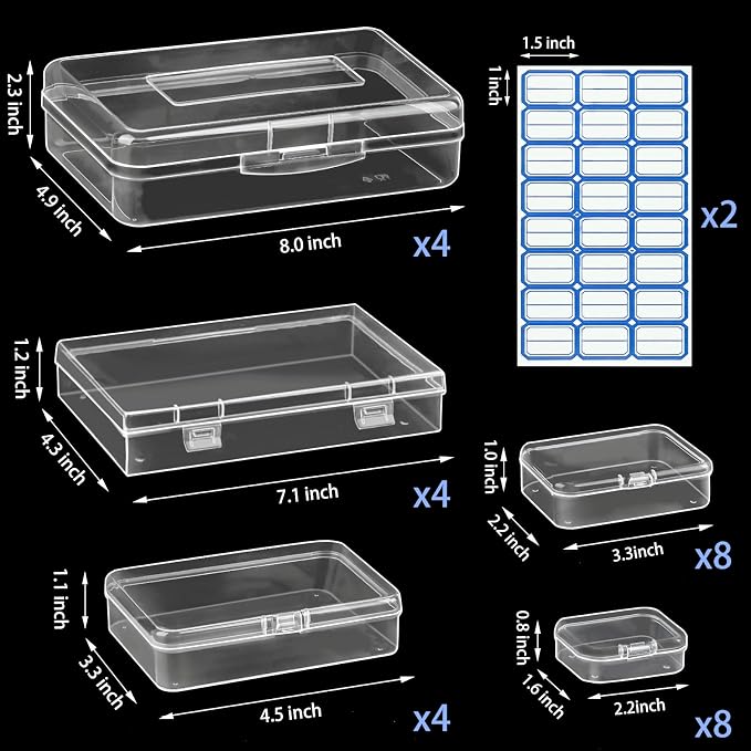 28 Pack Mixed Sizes Rectangular Mini Plastic Containers Clear Plastic Storage Boxes with Hinged Lids and Labels Empty Beads Organizers for Small Items Art Craft Jewelry Projects