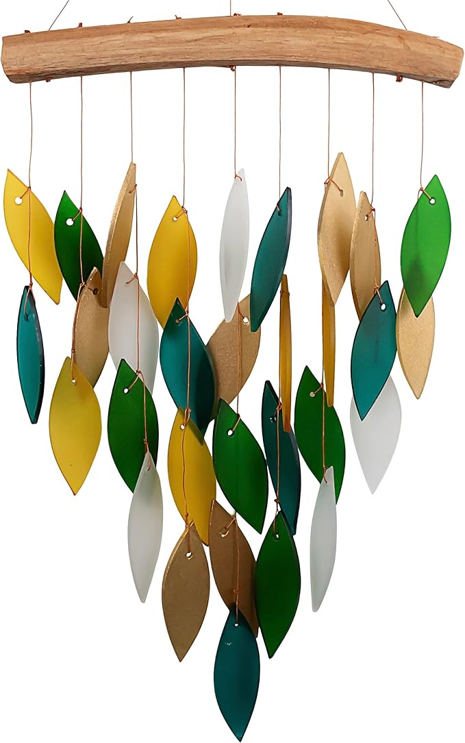 Blue Handworks Rainforest Waterfall Glass Wind Chime | Handcrafted Waterfall Glass Wind Chime in Deep Emerald Green, Bold Gold, Chartreuse Yellow, Dark Teal and Frosted White