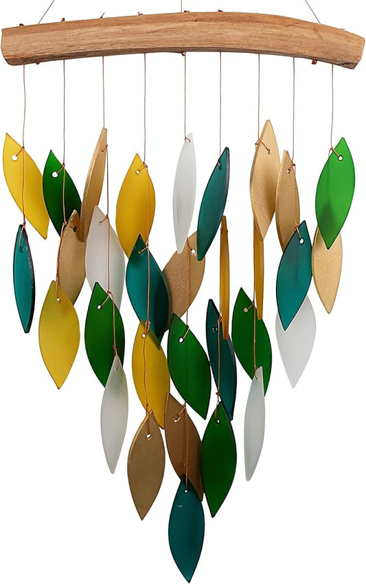 Blue Handworks Rainforest Waterfall Glass Wind Chime | Handcrafted Waterfall Glass Wind Chime in Deep Emerald Green, Bold Gold, Chartreuse Yellow, Dark Teal and Frosted White