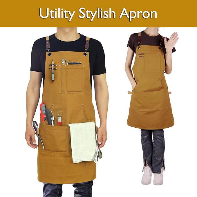 Kitchen Apron, Work Apron, Canvas Apron, Khaki | Multiple Pockets, Gardening, Painting, BBQ, Artist, Carpenter, Sizes M to XXL