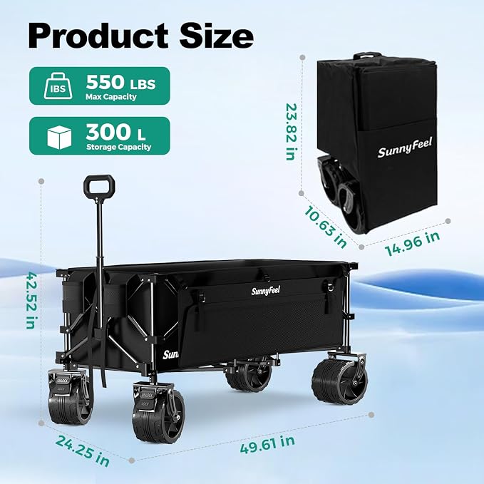 SUNNYFEEL 49" L Extended Wagon Cart Foldable - 550LBS Heavy Duty | Extra Long Collapsible Wagon with Big All-Terrain Wheels , Utility Carts for Camping, Beach, Groceries, Sports - Black