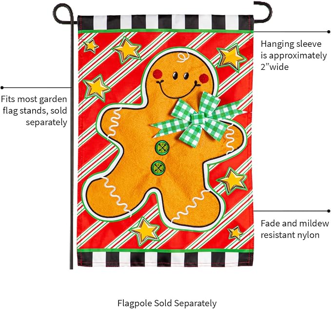 Evergreen Flag Patterned Gingerbread Man Applique Garden Flag | 12x18 Inches Double Sided Christmas Garden Flag for Outside | Weather and Fade Resistant | Outdoor Flag Décor for Home, Yards and