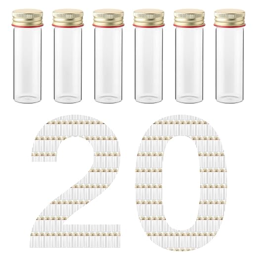 20pcs 25ml Glass Test Tubes with Screw Caps Leak-Proof Clear Tube Vials for Liquid Sample Essential Oil Seeds Lab Party Home Storage LVH008