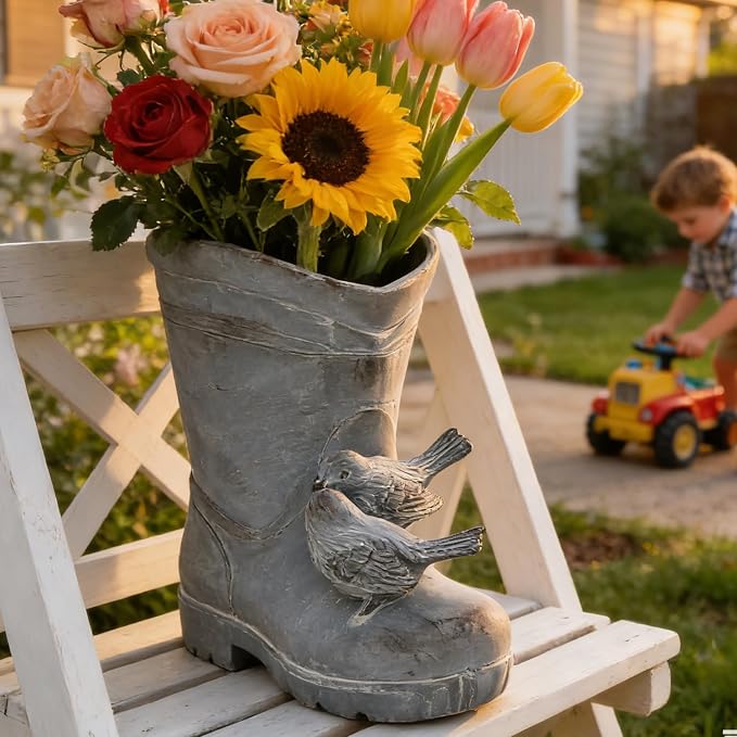Funny Plant Pots Indoor Outdoor Cement Rain Boot Shaped Planter with Birds Decorative Pot for Flower Succulent Cute Fun Planters Garden Porch Patio Farm Decor Gift for Women