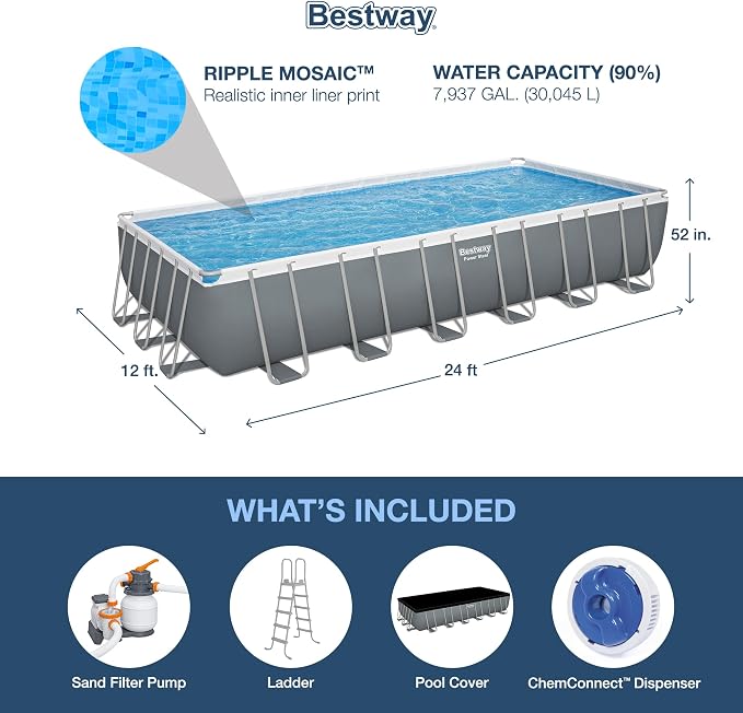 Bestway Power Steel 24' x 12' x 52" Above Ground Pool Set with Test Kit | Durable Rectangular Metal Frame Outdoor Backyard Pool - Sand Filter Pump, Ladder, Cover, and Test Kit Included