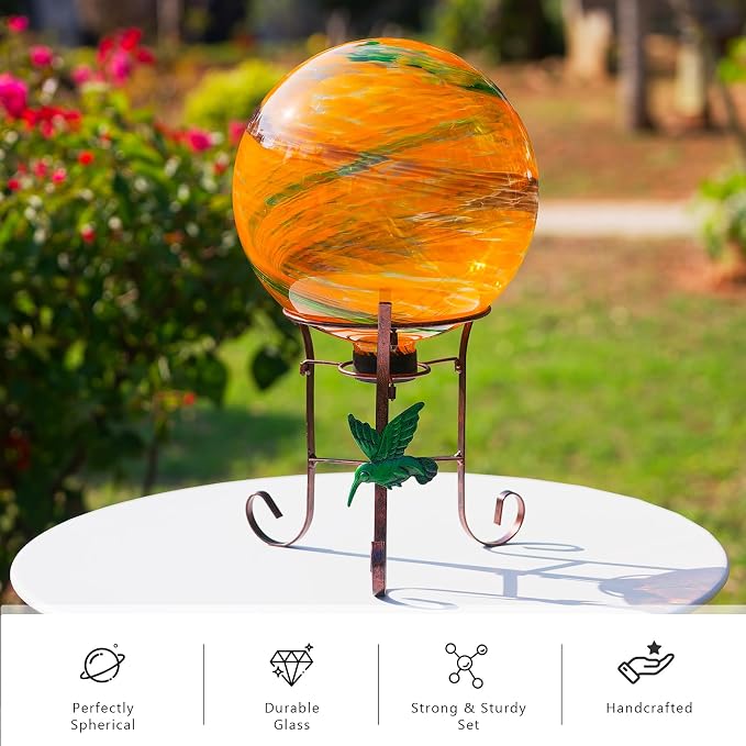 10 Inch Glass Gazing Ball with 9.4" H Metal Stand | Glass Gazing Globe Display Holder Set for Outdoor Garden Lawn Yard Decoration, Sunset Sky