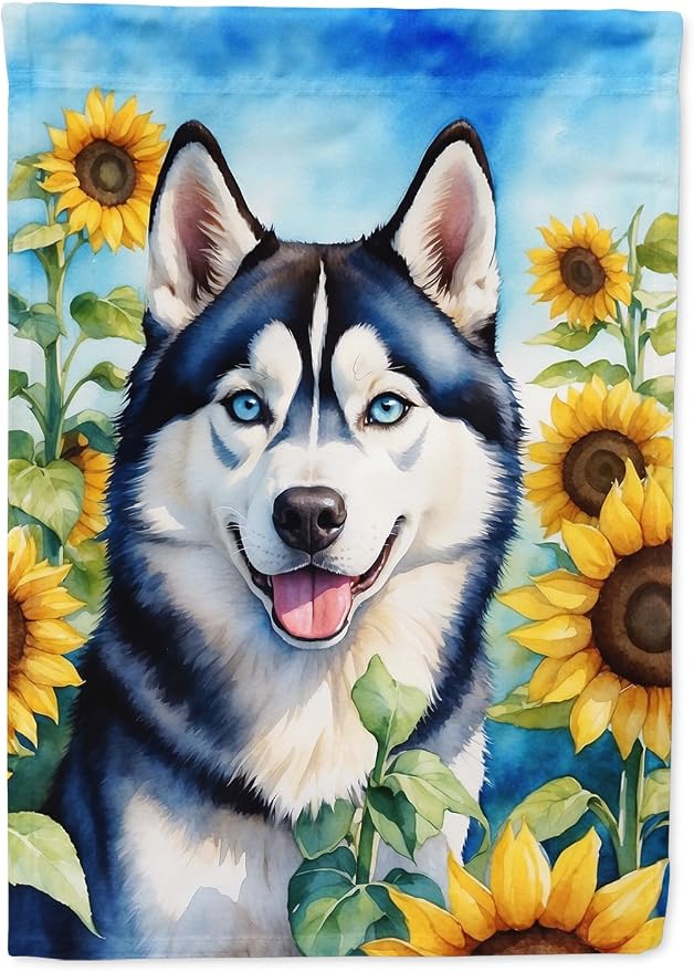Caroline's Treasures DAC6164CHF Siberian Husky in Sunflowers House Flag Large Porch Sleeve Pole Decorative Outside Yard Banner Artwork Wall Hanging, Polyester, House Size, Multicolor