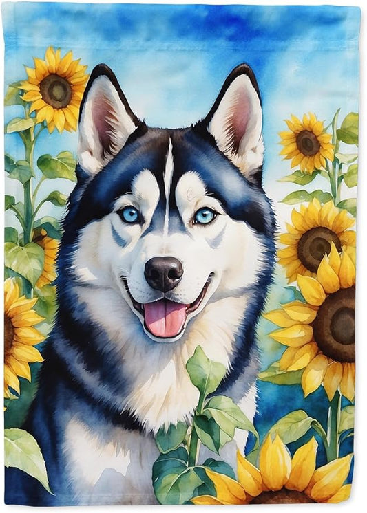 Caroline's Treasures DAC6164CHF Siberian Husky in Sunflowers House Flag Large Porch Sleeve Pole Decorative Outside Yard Banner Artwork Wall Hanging, Polyester, House Size, Multicolor