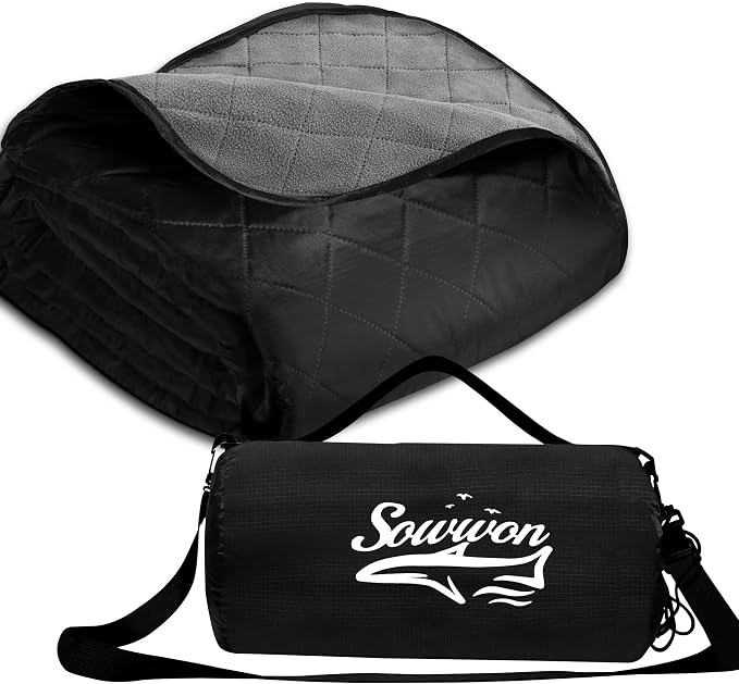 Waterproof Outdoor Blanket 92"x60" Large Quilted Fleece 300GSM Black | Stadium Blankets for Camping, Packable, Windproof Emergency Throw for Grass Picnic Hiking Road Trip, Machine Washable