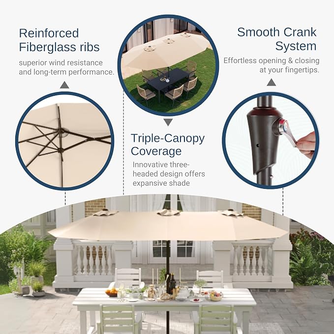 15FT Large Patio Umbrella with Base Included, Double Sided Outdoor Market Umbrella with Flexible Fiberglass Ribs, UV-Blocking Extra Large Umbrella for Garden, Pool, Deck, Beige
