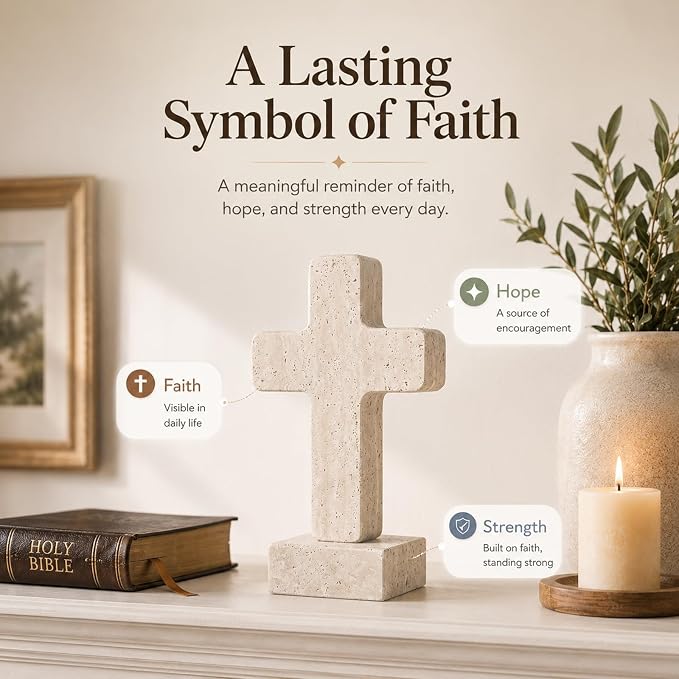 Natural Travertine Cross Decor for Home, Standing Christian Cross for Tabletop, Fireplace & Shelf, Catholic Religious Gift for Women Men, Stone Sculpture for Prayer Room