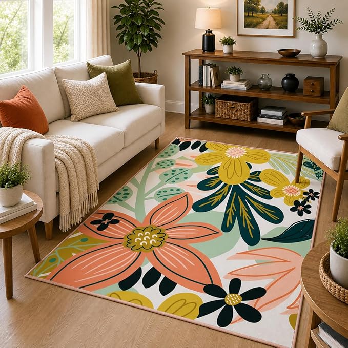 Tyrot Boho Floral 3x5 Washable Area Rug Flat Woven Ultra-Thin Low Pile Rug Non Slip Indoor Tropical Botanical Rug for Living Room, Bedroom, Entryway, Nursery, Dorm, Pink Green