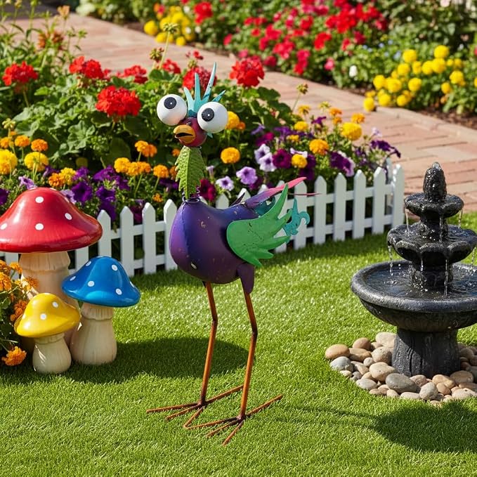 Metal Rooster Statue Outdoor Garden Decor,18" Wacky Rooster Decor Yard Statue Decorations Outdoor,Funny Chicken Sculpture for Patio, Lawn, Backyard (Purple)